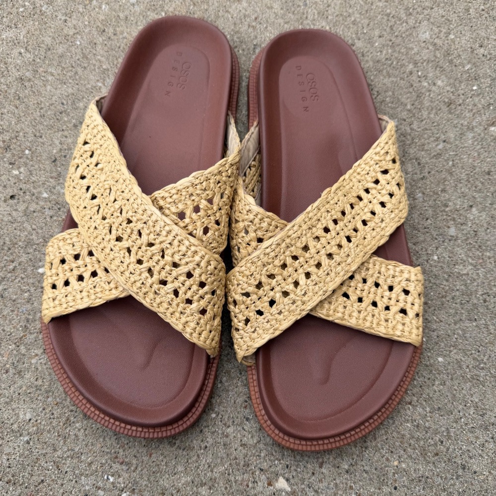 ASOS DESIGN Mens Tan Raffia Woven Cross Strap Slides Sandals Size 12 139761858